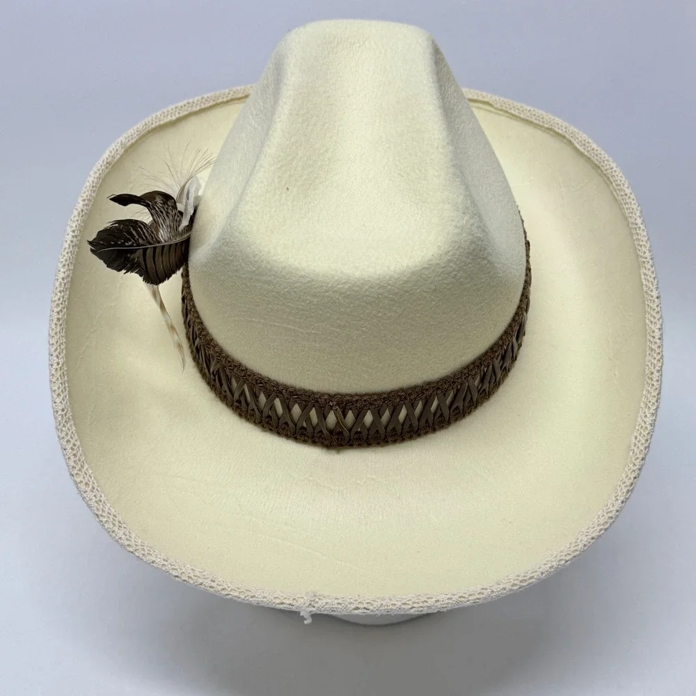 Cream Felt Western Cowboy Hat Feather Accent Lace Trim Brim Festival Boho Ivory
